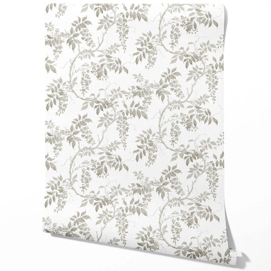 Neutral Floral Vine/ Botanical Traditional Wallpaper Sample (Grey/ Greige/ White)