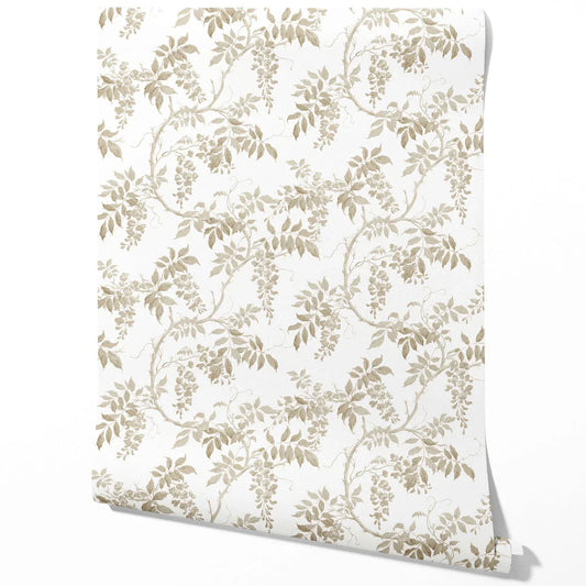 Neutral Floral Vine/ Botanical Traditional Wallpaper Sample (Beige/ Taupe/ Grey/ White)