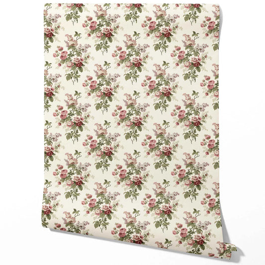 English Floral Print Traditional Wallpaper Sample (Cream/ Pink/ Green/ Mauve)