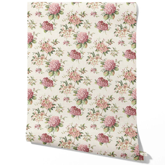 Modern Floral Block Print Traditional Wallpaper Sample (Blush Pink/ Green)