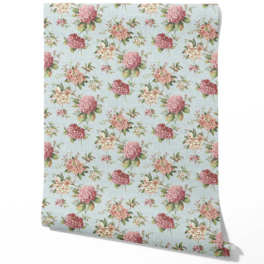 Modern Floral Block Print Traditional Wallpaper Sample (Blue/ Pink/ Green)