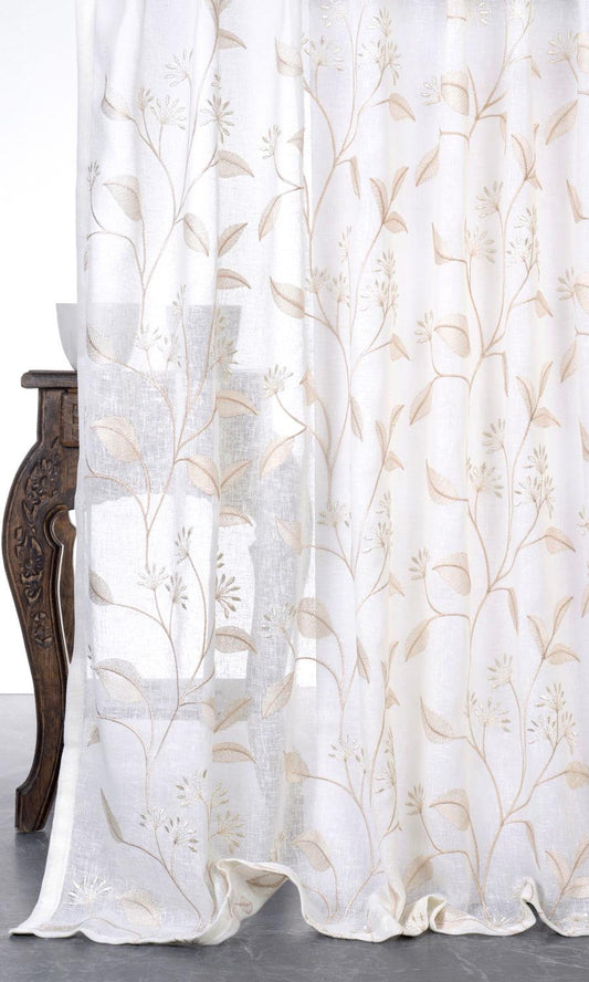 Sheer Floral Embroidered Home Decor Fabric Sample (White/ Beige)