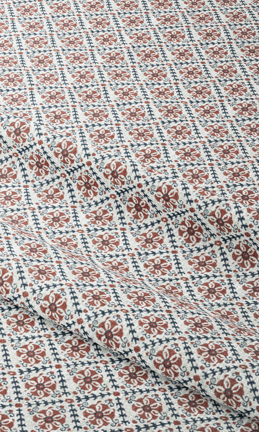 Floral Lattice Print Drapery (Brick Red/ Blue/ White)
