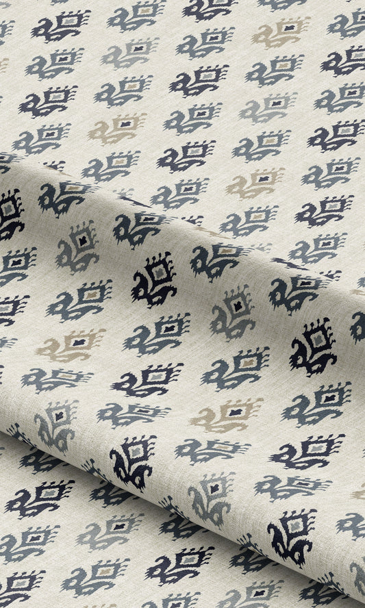 Ikat Paisley Block Print Home Decor Fabric By the Yard (Cream/ Blue)