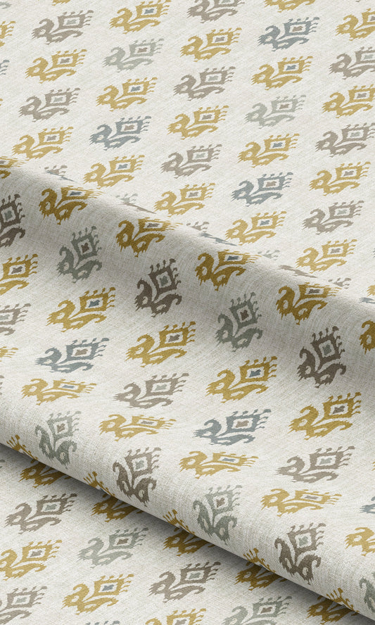 Ikat Paisley Block Print Home Decor Fabric By the Yard (Cream/ Mustard Yellow/ Blue-Gray)