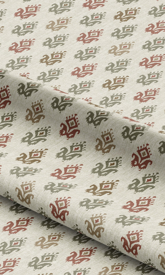 Ikat Paisley Block Print Window Curtains (Cream/ Maroon Red/ Sage Green)