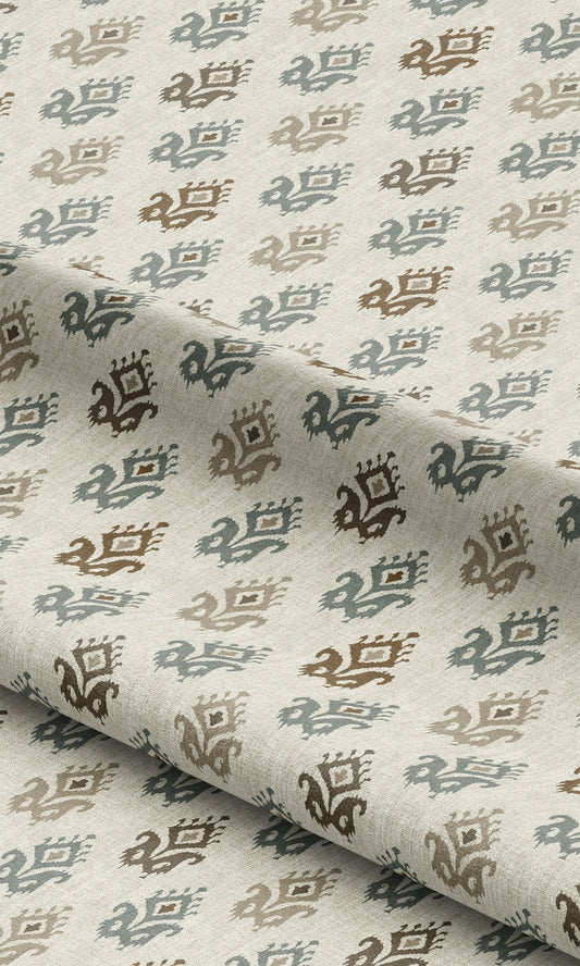 Ikat Paisley Block Print Home Decor Fabric By the Yard (Cream/ Stone Blue/ Cedar Brown)