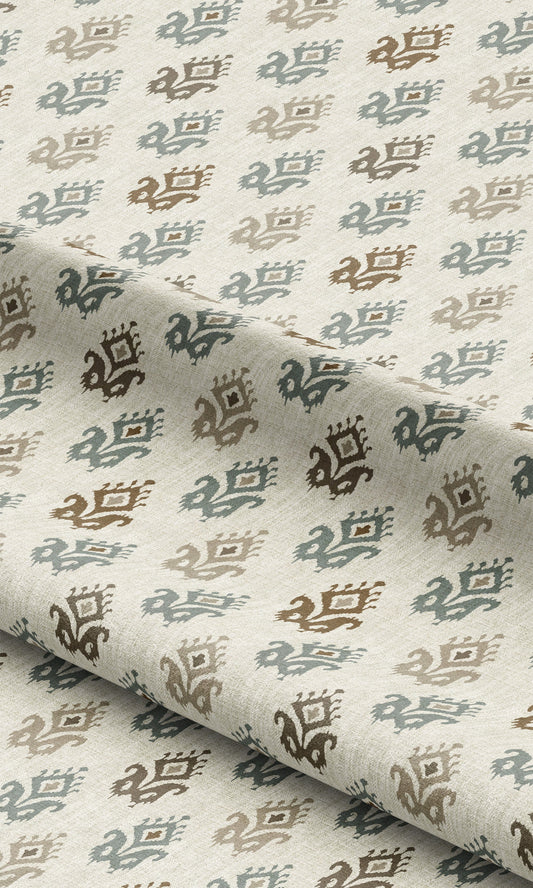 Ikat Paisley Block Print Home Decor Fabric By the Yard (Cream/ Stone Blue/ Cedar Brown)