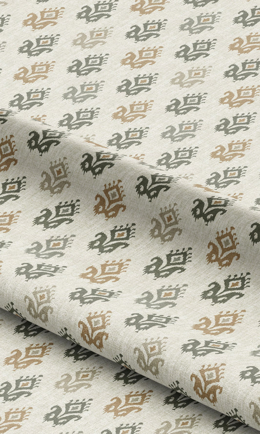 Ikat Paisley Block Print Home Decor Fabric By the Yard (Cream/ Gray-Green/ Beige)