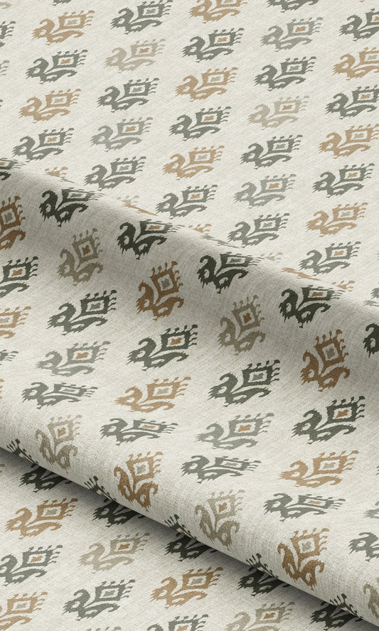 Ikat Paisley Block Print Home Decor Fabric By the Yard (Cream/ Gray-Green/ Beige)