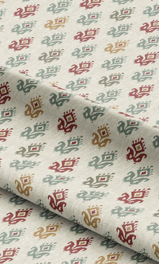 Ikat Paisley Block Print Window Curtains (Cream/ Red/ Moss Gray)