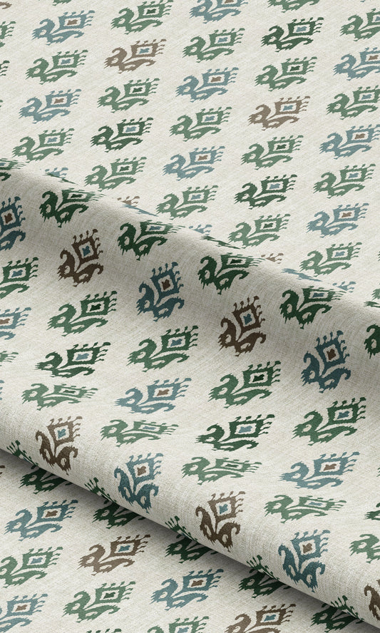 Ikat Paisley Block Print Drapery (Cream/ Forest Green)