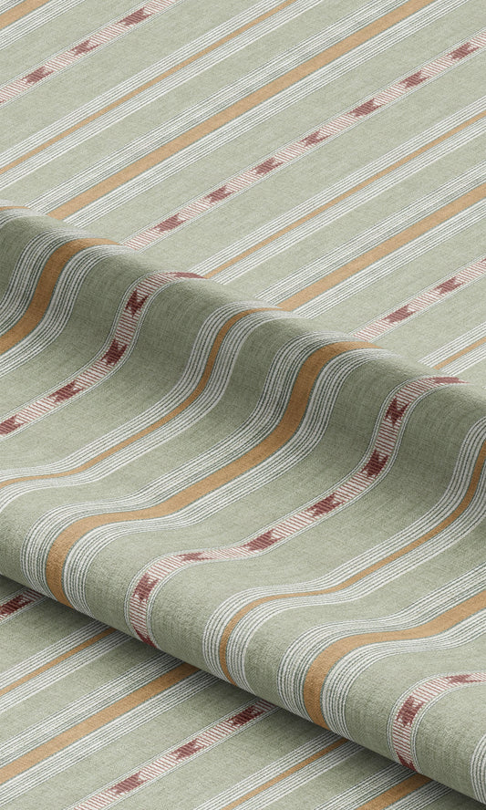 Striped Home Decor Fabric By the Yard (Soft Green/ Ochre/ Brick Red)