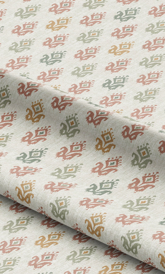 Ikat Paisley Block Print Drapery (Cream/ Blush Red/ Ochre/ Sage)