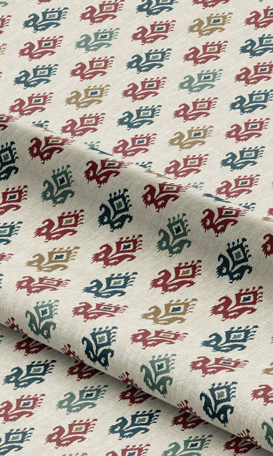 Ikat Paisley Block Print Home Decor Fabric By the Yard (Cream/ Maroon Red/ Indigo Blue)