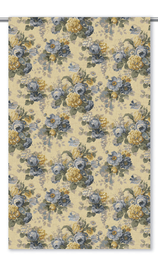 English Floral Home Decor Fabric By the Yard (Pale Butter Yellow/ Cornflower Blue)