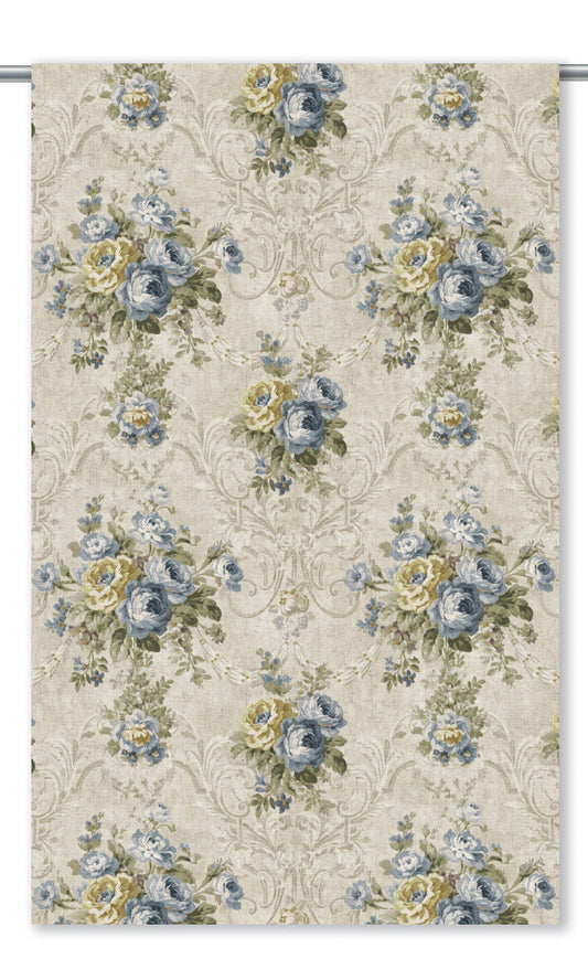 Floral Damask Curtain Panels (Creamy Beige/ Powder Blue)