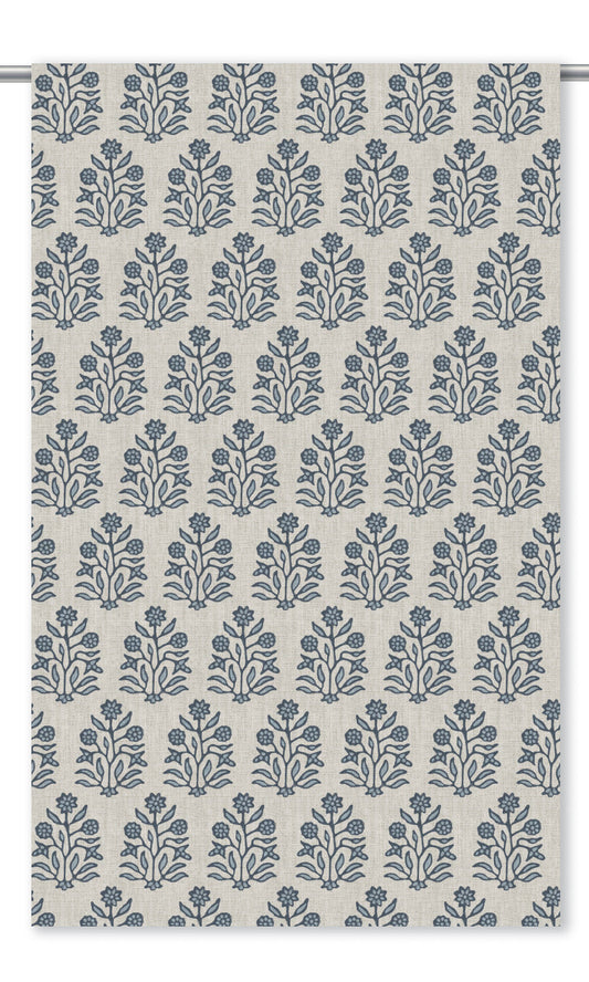Floral Block Print Home Decor Fabric By the Yard (Cream/ Navy Blue)