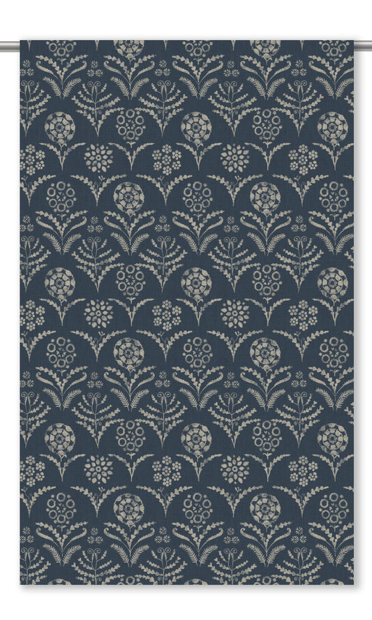 Floral Block Print Window Curtains (Navy Blue/ Cream)