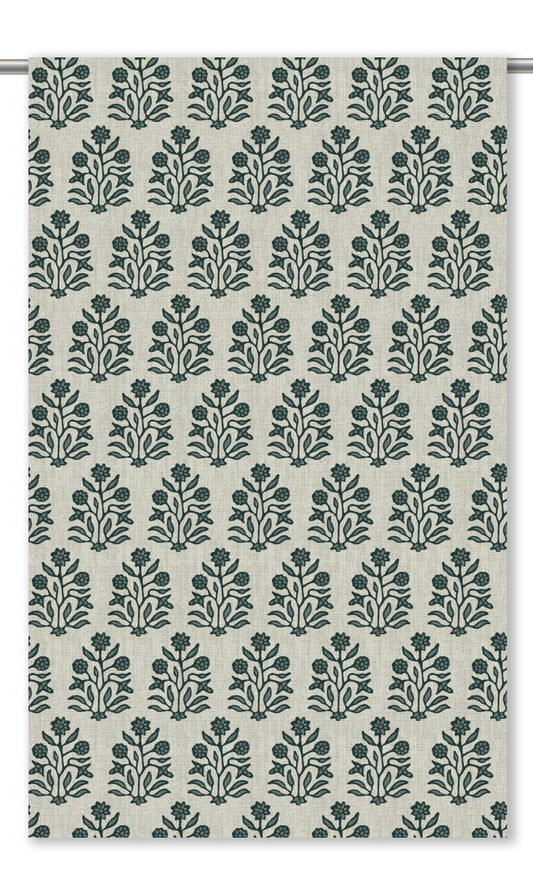 Floral Block Print Home Decor Fabric By the Yard (Cream/ Green)