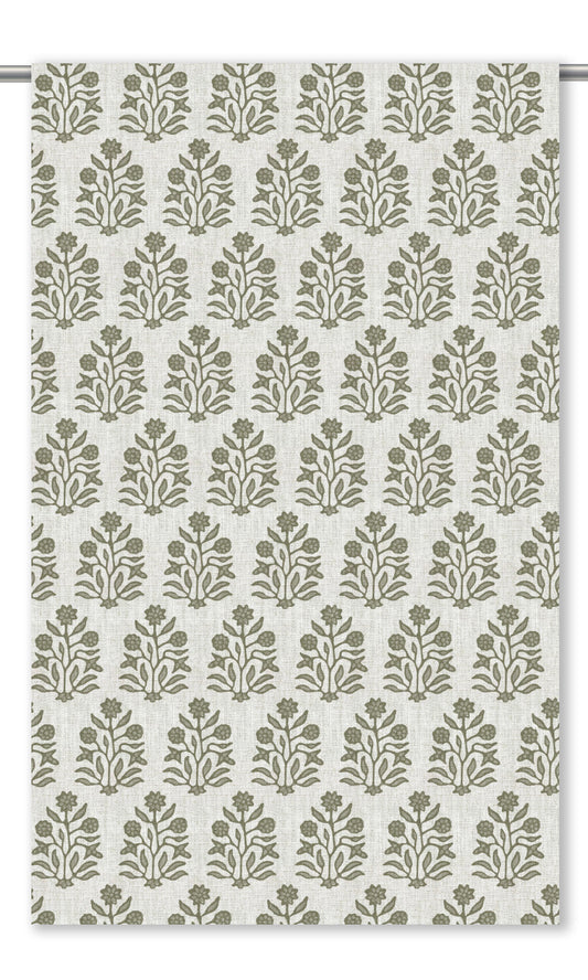 Floral Block Print Curtain Panels (Cream/ Army Green)