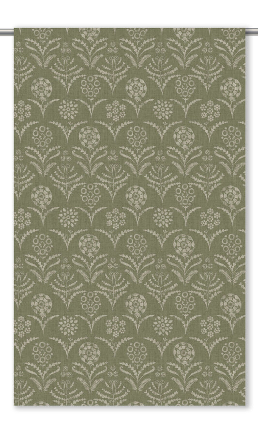 Floral Block Print Window Curtains (Dark Sage Green/ Cream)