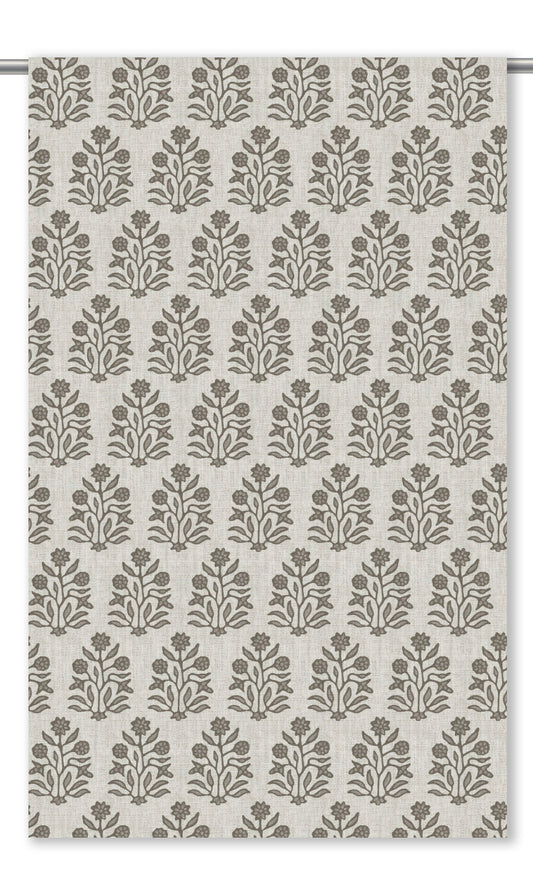 Floral Block Print Drapery (Cream/ Brown/ Gray)