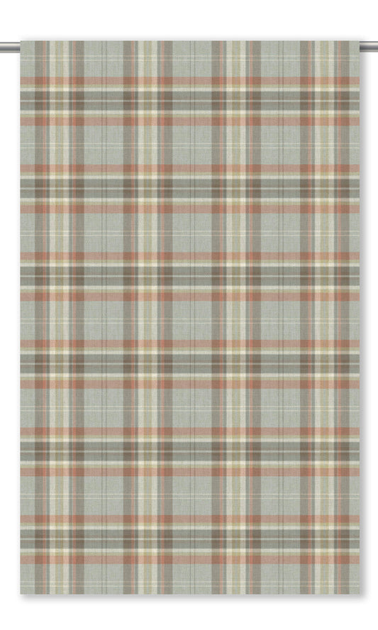 Tartan Plaid Home Decor Fabric By the Yard (Soft Gray/ Stone Blue/ Coral Red)