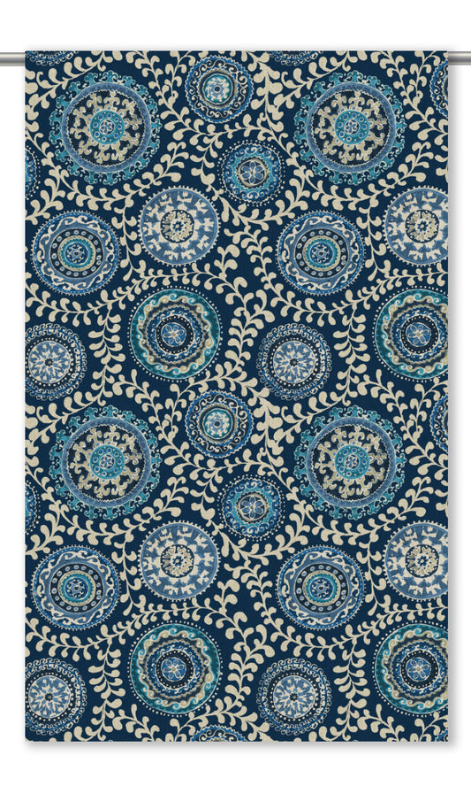 Ajrakh-Style Floral Print Home Decor Fabric By the Yard (Midnight Blue/ Cream)