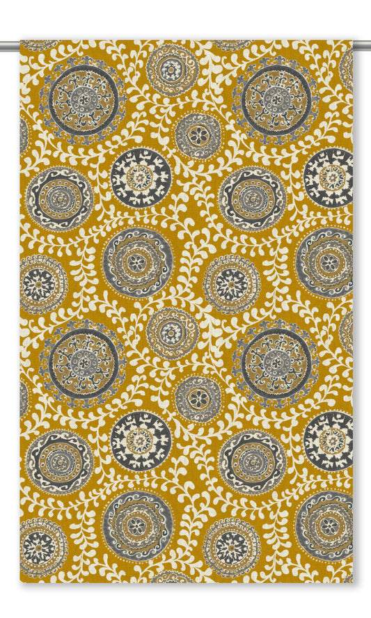 Ajrakh-Style Floral Print Window Curtains (Mustard Yellow/ Gray)