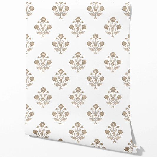 Neutral Floral Block Print Traditional Wallpaper (Brown/ White)