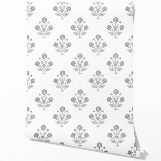 Neutral Floral Block Print Traditional Wallpaper (Stormy Gray/ Taupe/ White)