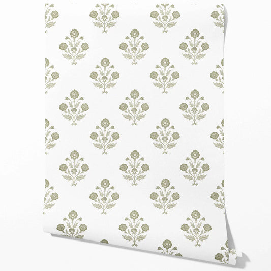 Floral Block Print Traditional Wallpaper (Olive Green/ White)