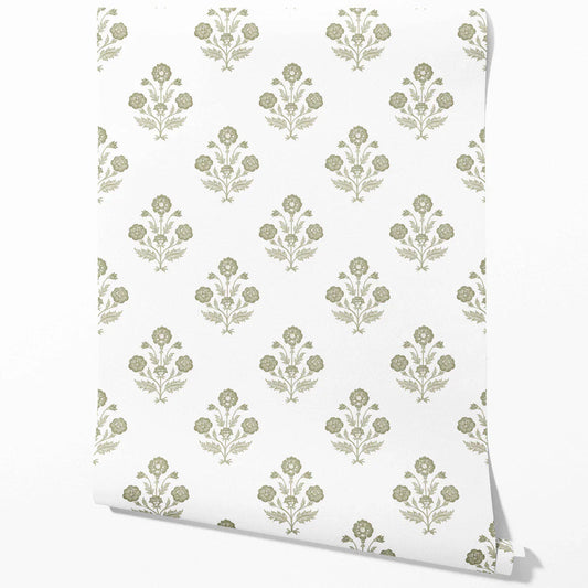 Floral Block Print Traditional Wallpaper Sample (Olive Green/ White)