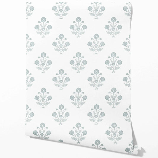 Floral Block Print Traditional Wallpaper Sample (Duck Egg Blue/ White)