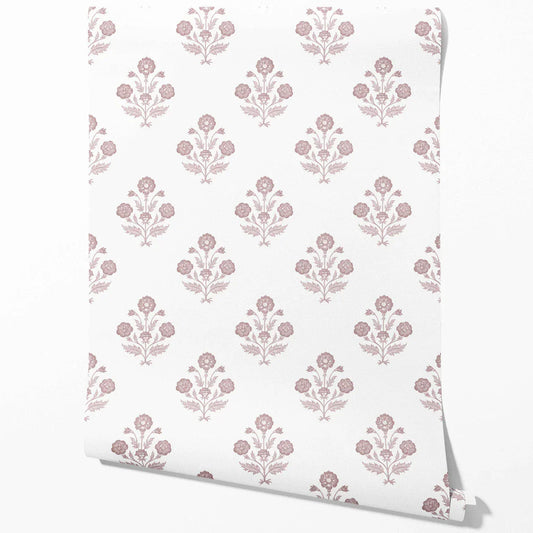 Floral Block Print Traditional Wallpaper (Light Rose Pink/ White)