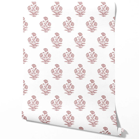 Floral Block Print Traditional Wallpaper (Pink/ White)