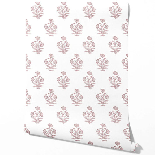 Floral Block Print Traditional Wallpaper Sample (Light Pink/ White)