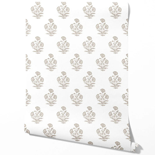 Neutral Floral Block Print Traditional Wallpaper (Greige/ Warm Gray/ White)