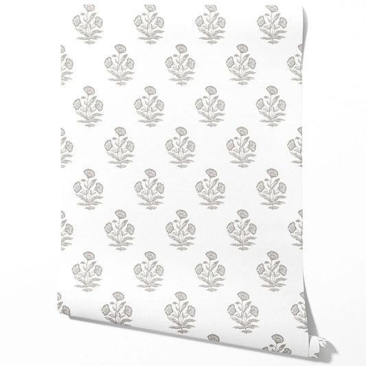 Neutral Floral Block Print Traditional Wallpaper (Gray/ White)