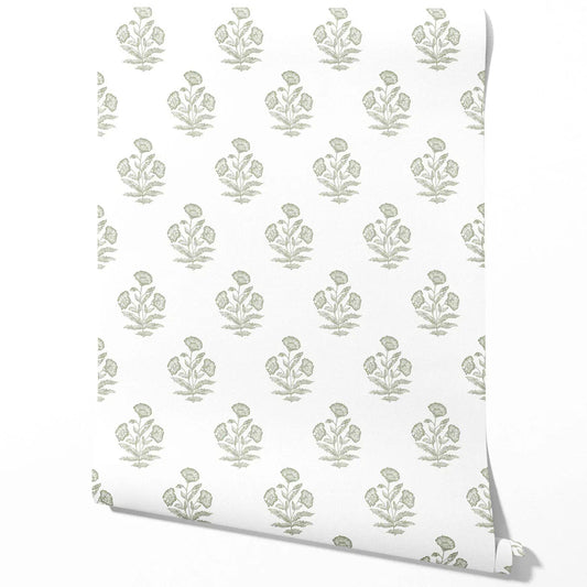 Floral Block Print Traditional Wallpaper (Green/ White)