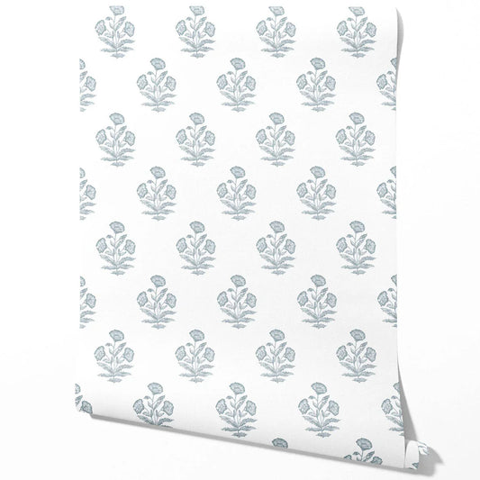 Floral Block Print Traditional Wallpaper Sample (Sage Blue/ White)