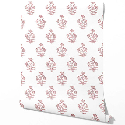 Floral Block Print Traditional Wallpaper Sample (Soft Pink/ White)