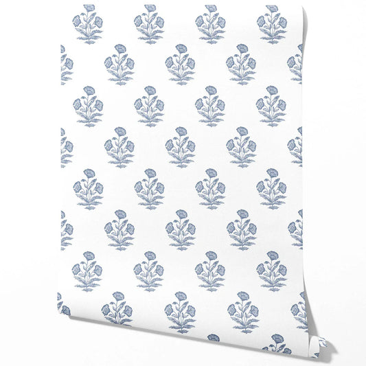 Floral Block Print Traditional Wallpaper Sample (Slate Blue/ White)