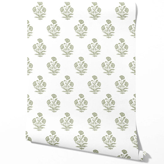Floral Block Print Traditional Wallpaper Sample (Olive Green/ White)