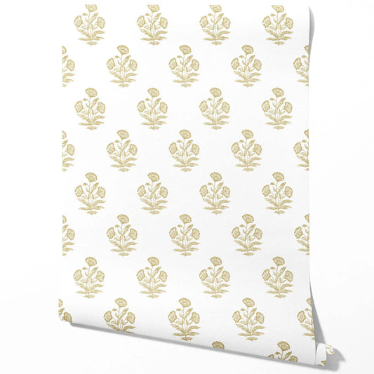 Floral Block Print Traditional Wallpaper Sample (Yellow-Green/ White)