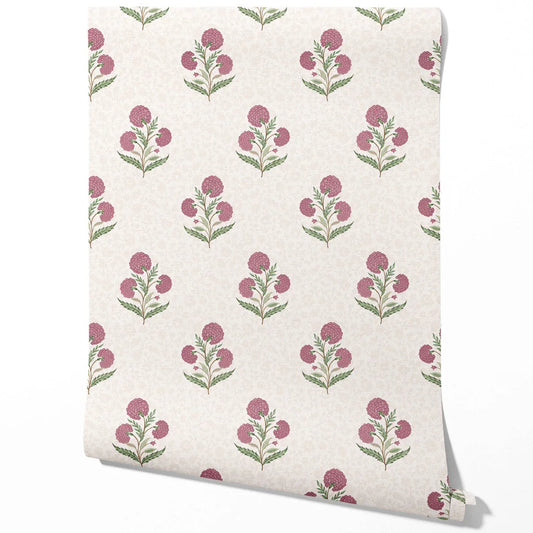 Floral Block Print Traditional Wallpaper (Pink/ Green/ Soft Taupe)