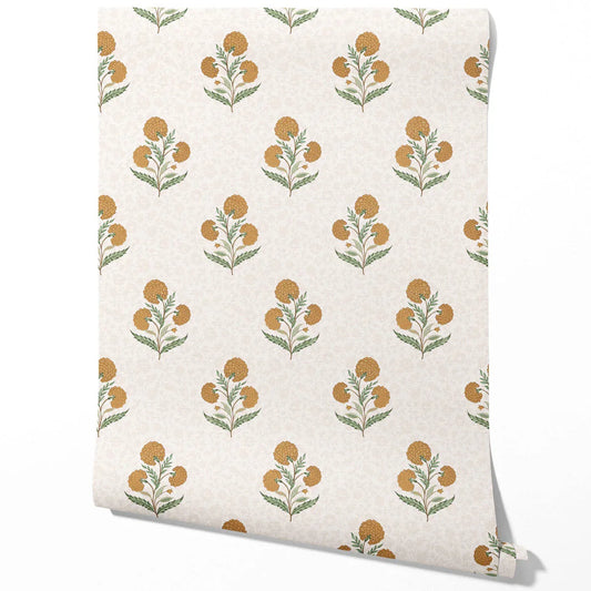 Floral Block Print Traditional Wallpaper Sample (Ochre Yellow/ Green)