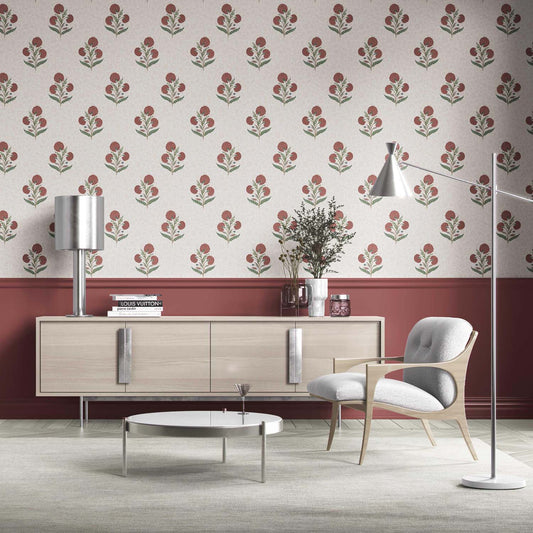 Floral Block Print Traditional Wallpaper Sample (Red/ Green/ Soft Taupe)