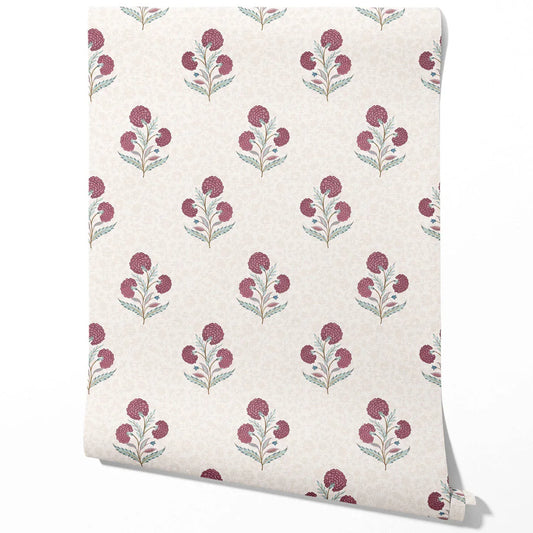 Floral Block Print Traditional Wallpaper Sample (Deep Pink/ Green/ Soft Taupe)